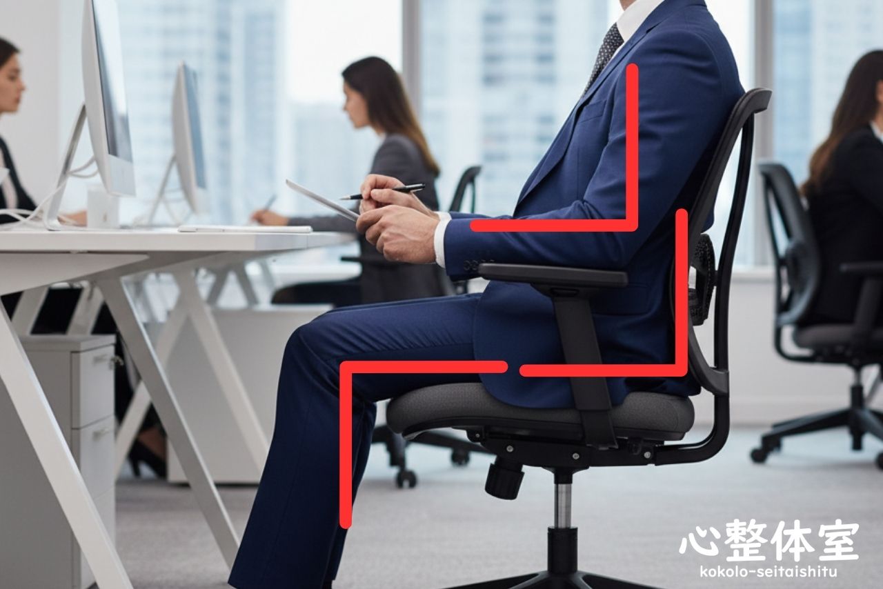 椅子に座る時は肘、腰、膝の3箇所が、大体90度